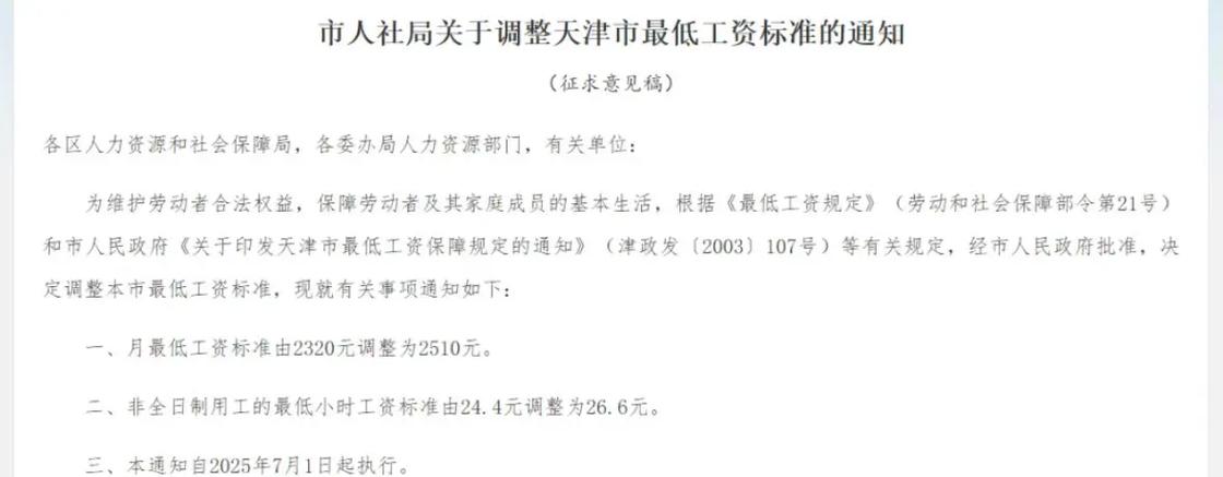 最低工资标准调整(天津最低工资标准调整)
